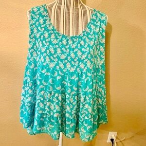 LC Lauren Conrad Tunic Top XL Seafoam Green Floral Pink Cream Ruffled Tiers